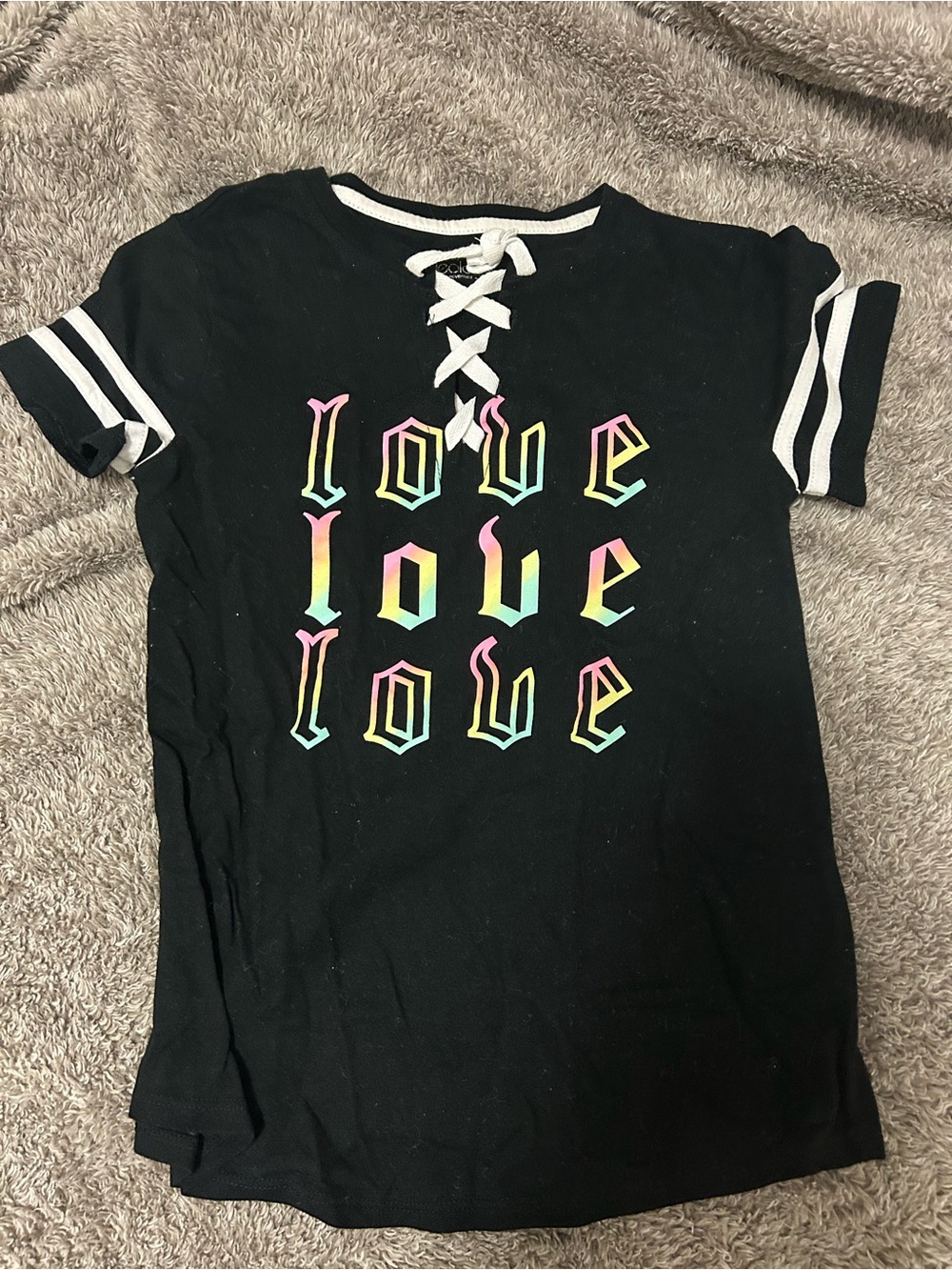 3/$20 Ideology Black Short-Sleeve Lace-Up Tee with Rainbow 'LOVE' Print